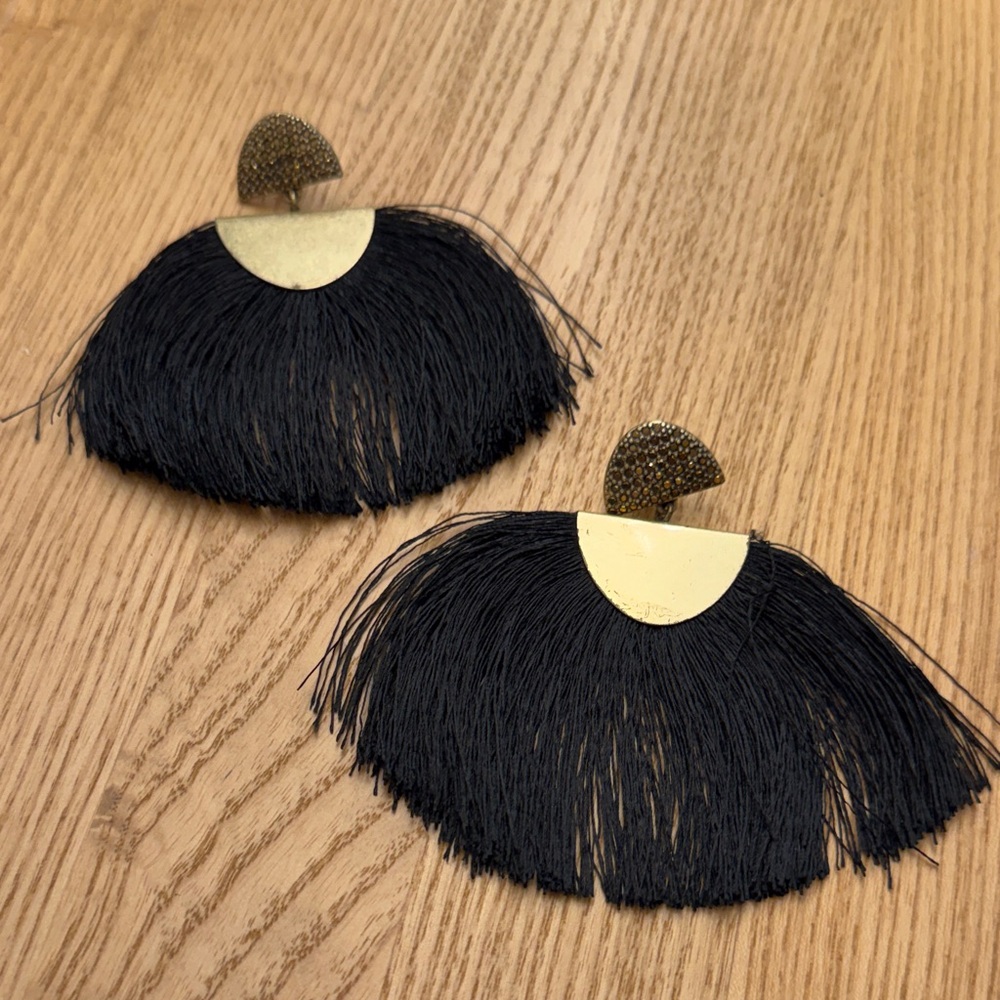 Black Fringe Fan Drop Earrings with Gold Accent